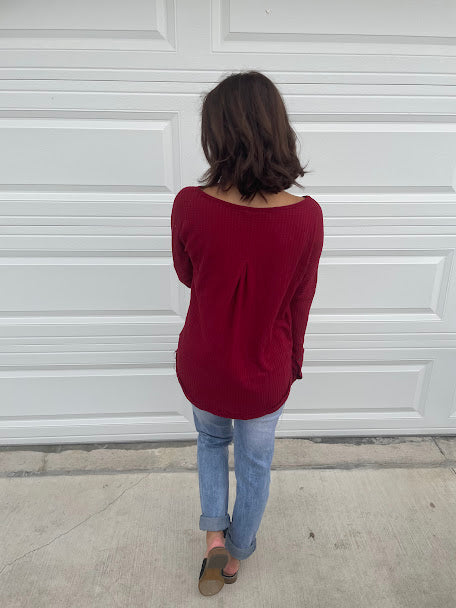 Maroon Waffle Knit Sweater with Button Sleeves