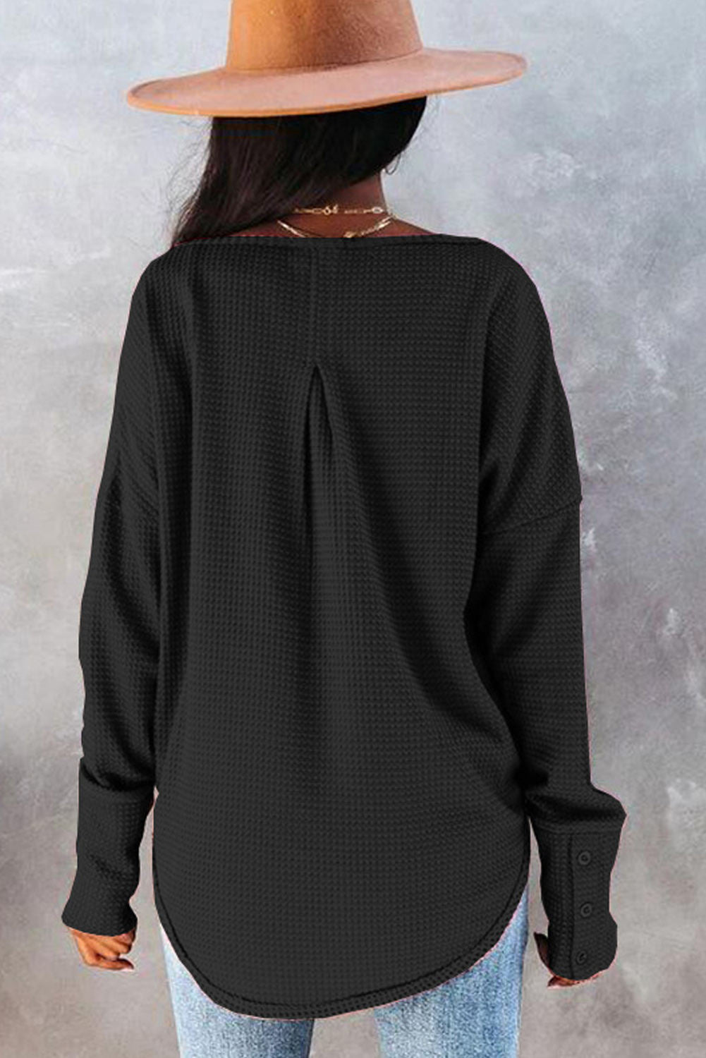 Black Waffle Knit Sweater with Button Sleeves