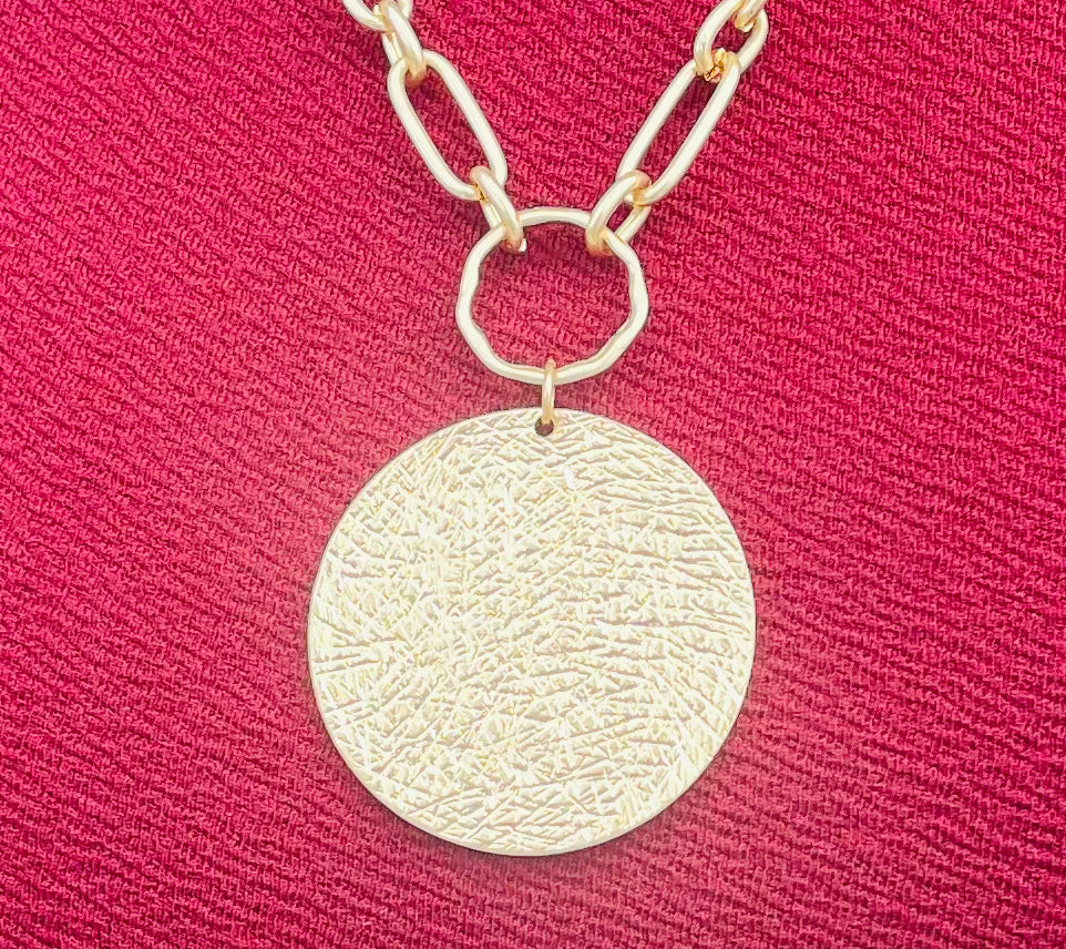 Chain Link Necklace with Textured Disc Pendant