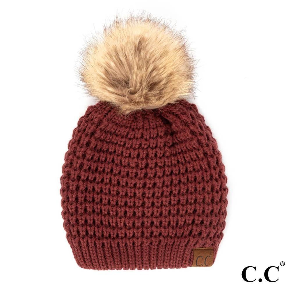 Waffle Stitch C.C. Beanie Faux Fur Pom