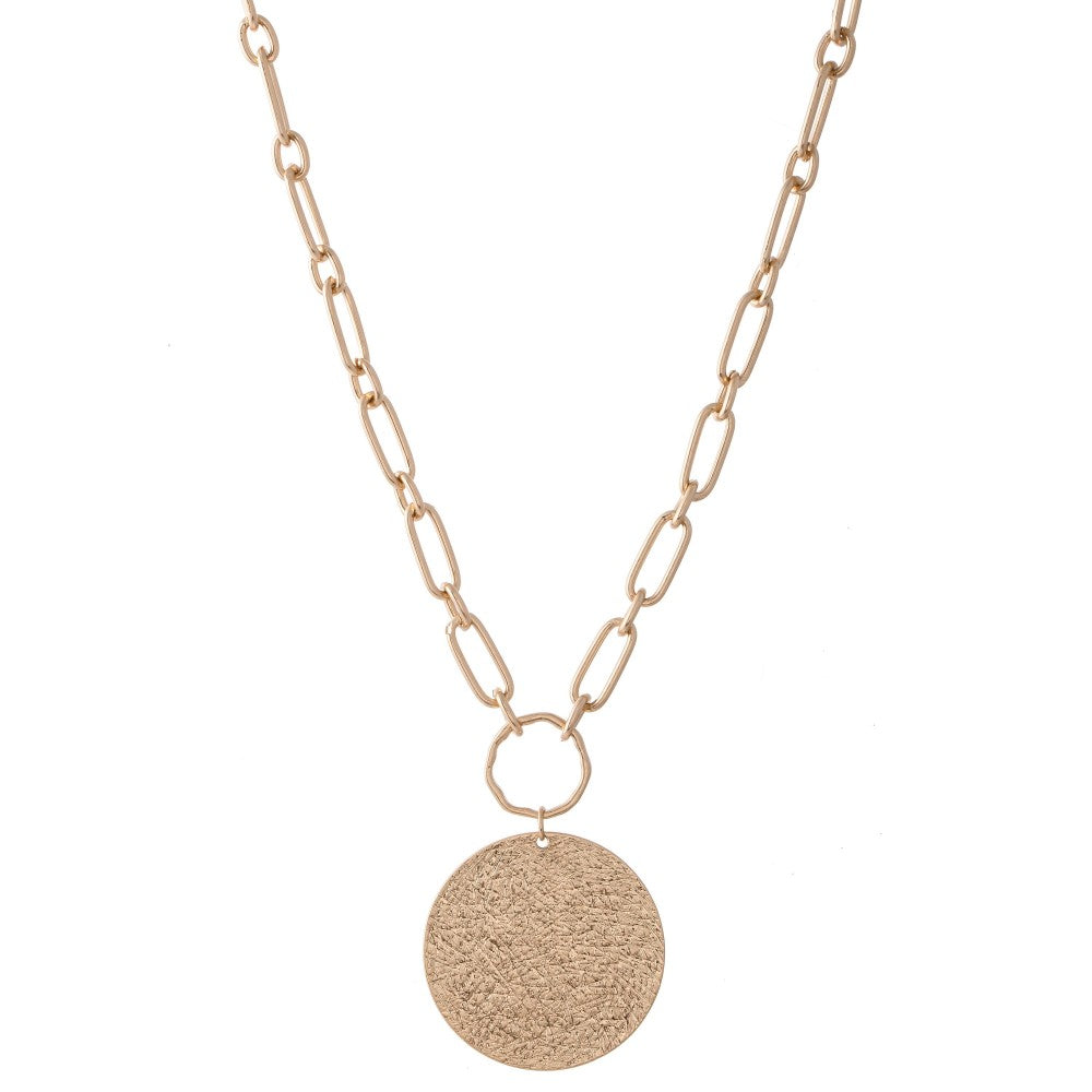Chain Link Necklace with Textured Disc Pendant