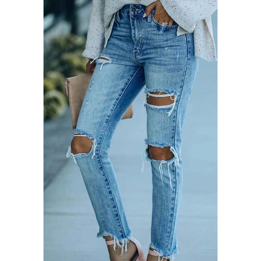 Light Wash Distressed Straight Jeans