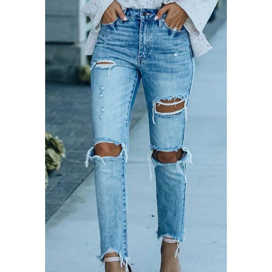 Light Wash Distressed Straight Jeans