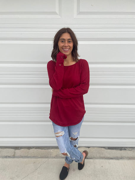Maroon Waffle Knit Sweater with Button Sleeves