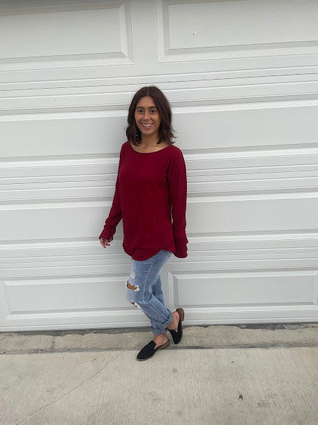 Maroon Waffle Knit Sweater with Button Sleeves