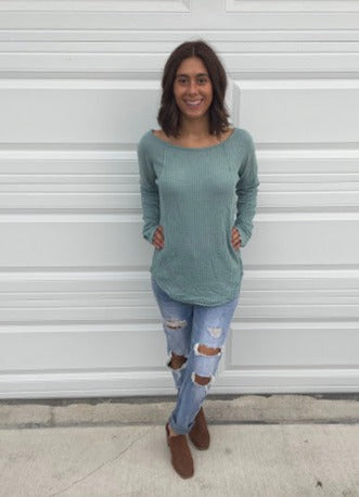 Teal Waffle Knit Sweater with Button Sleeves