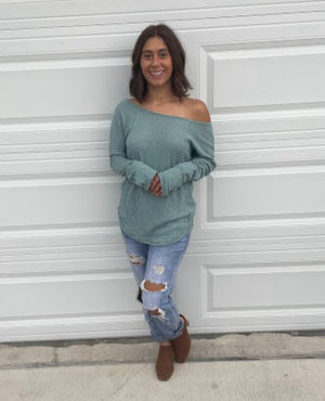 Teal Waffle Knit Sweater with Button Sleeves