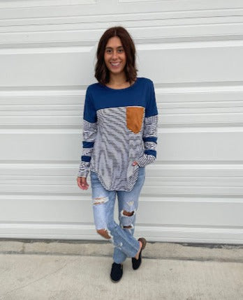 Midnight Blue Striped Top with Pen Pocket