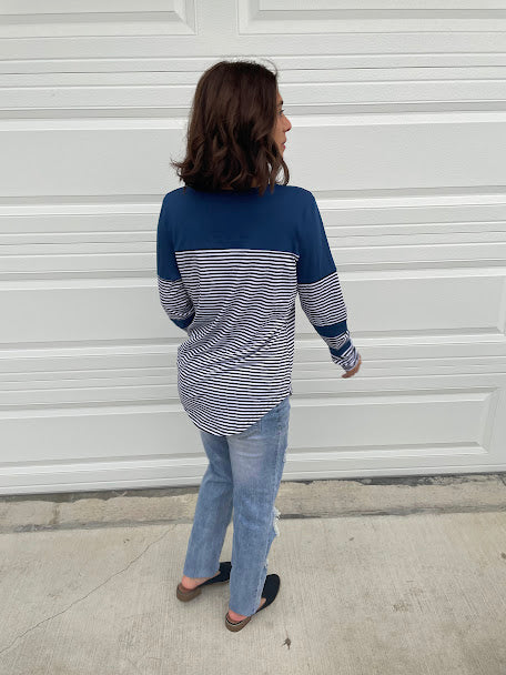 Midnight Blue Striped Top with Pen Pocket