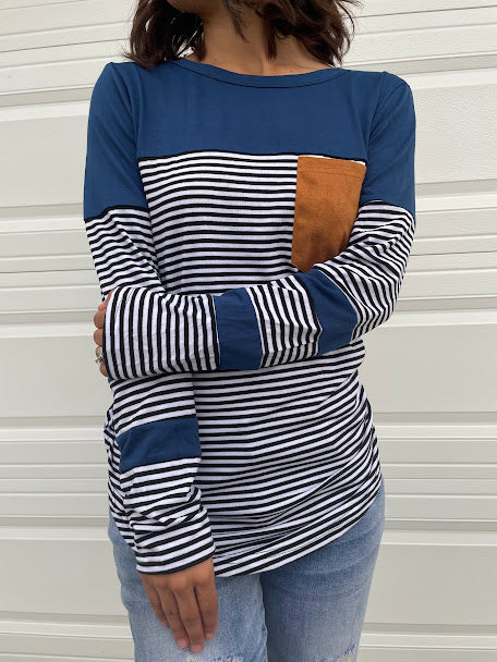 Midnight Blue Striped Top with Pen Pocket