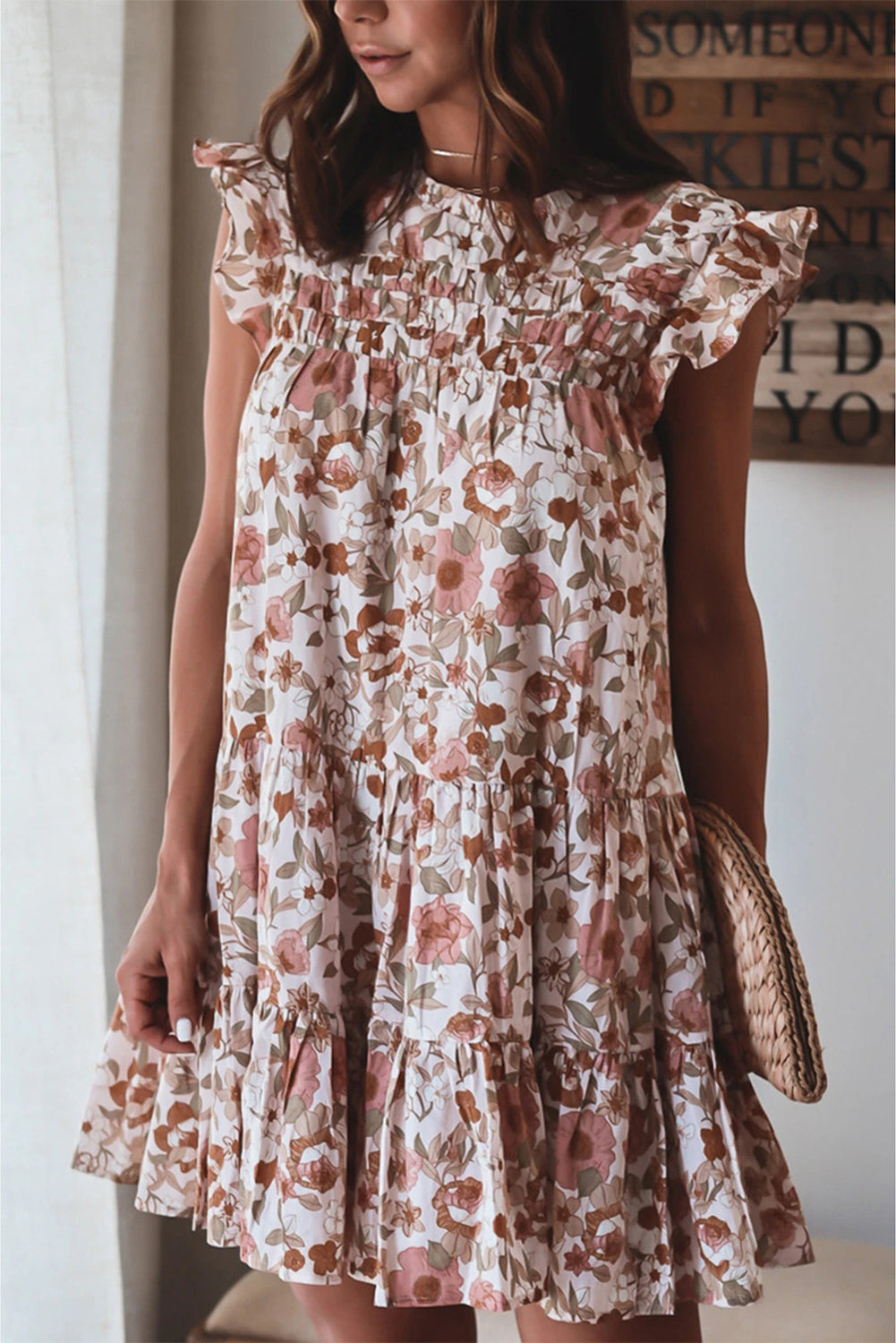 Pink Crew Neck Lotus Leaf Sleeve Floral Dress