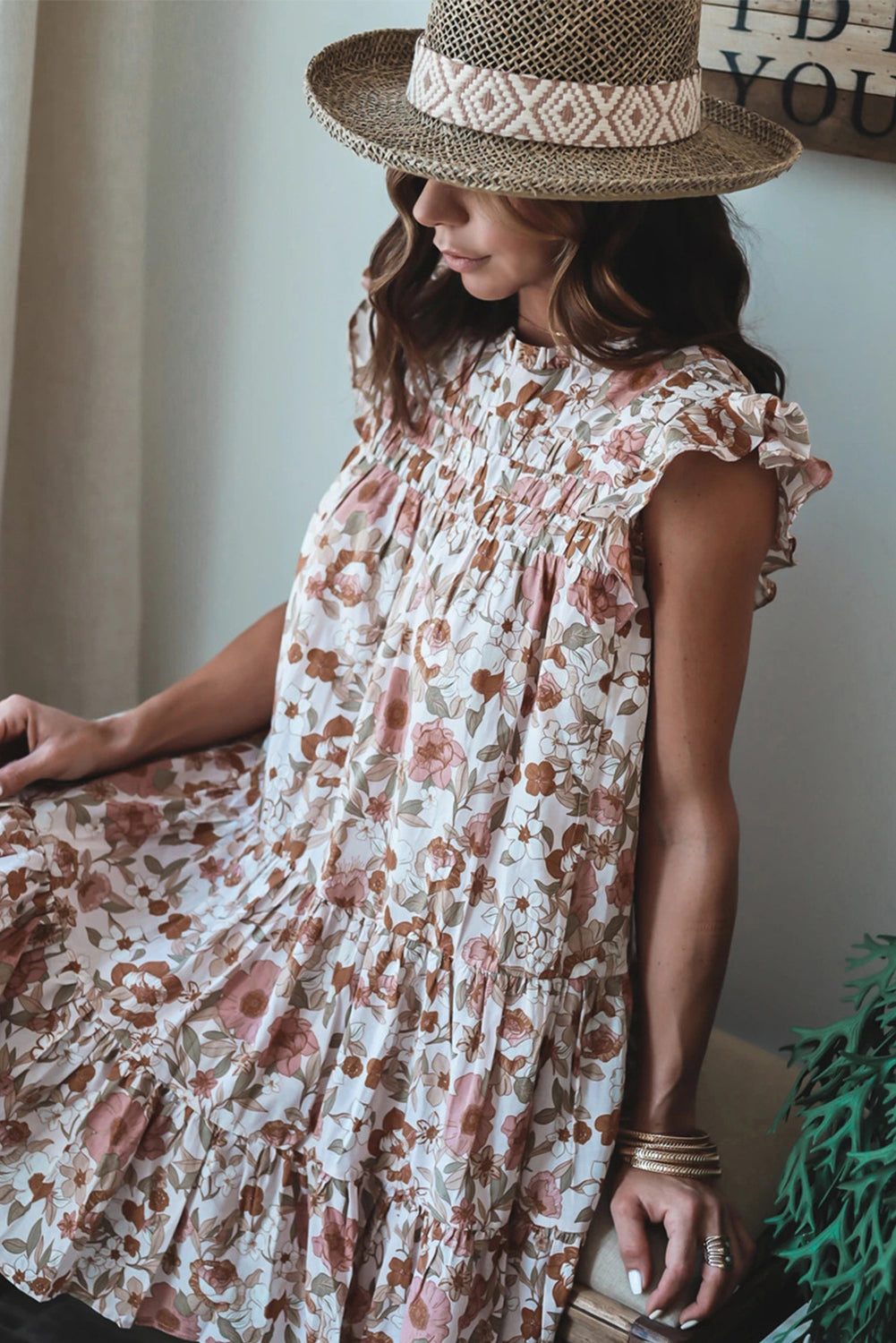 Pink Crew Neck Lotus Leaf Sleeve Floral Dress