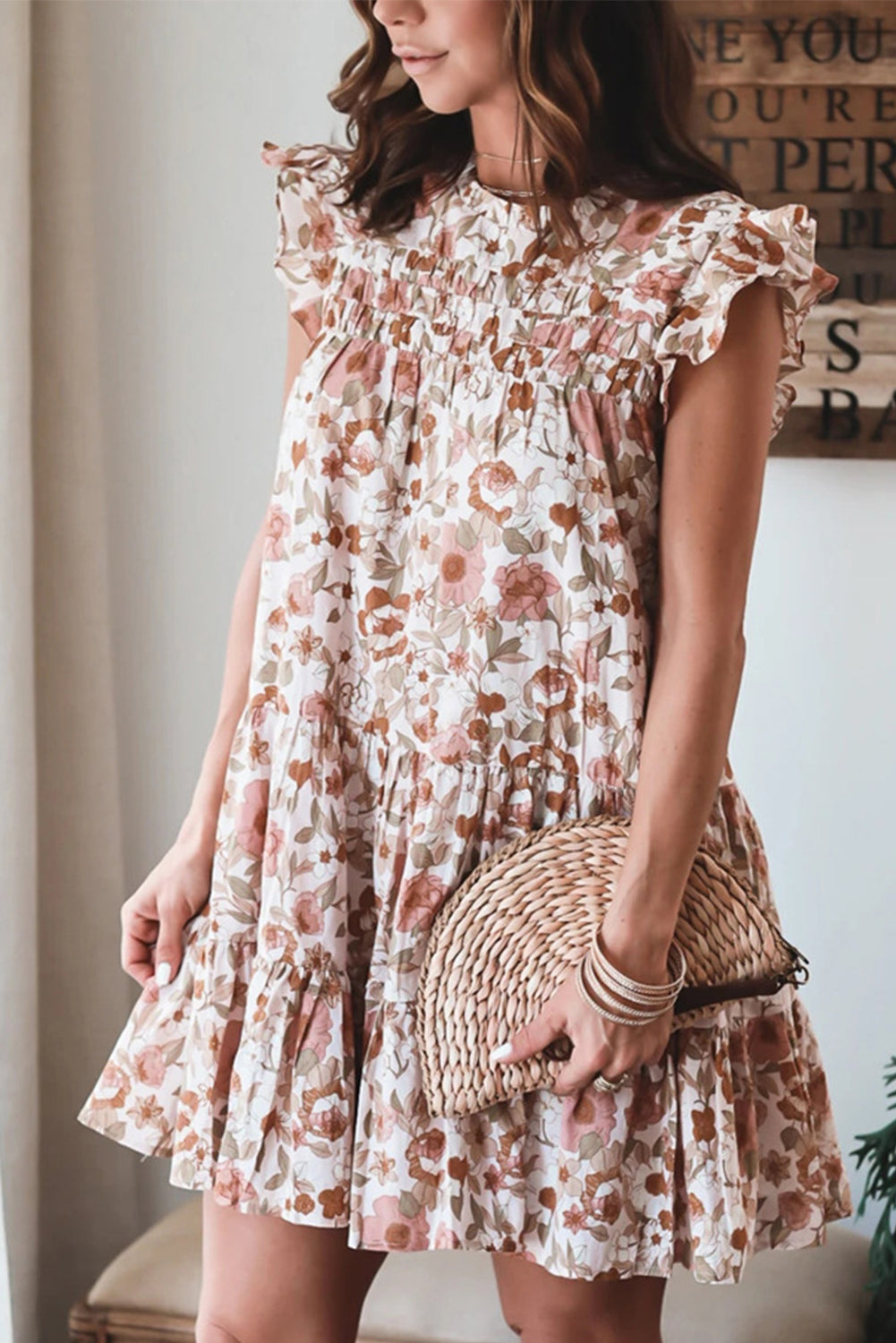 Pink Crew Neck Lotus Leaf Sleeve Floral Dress