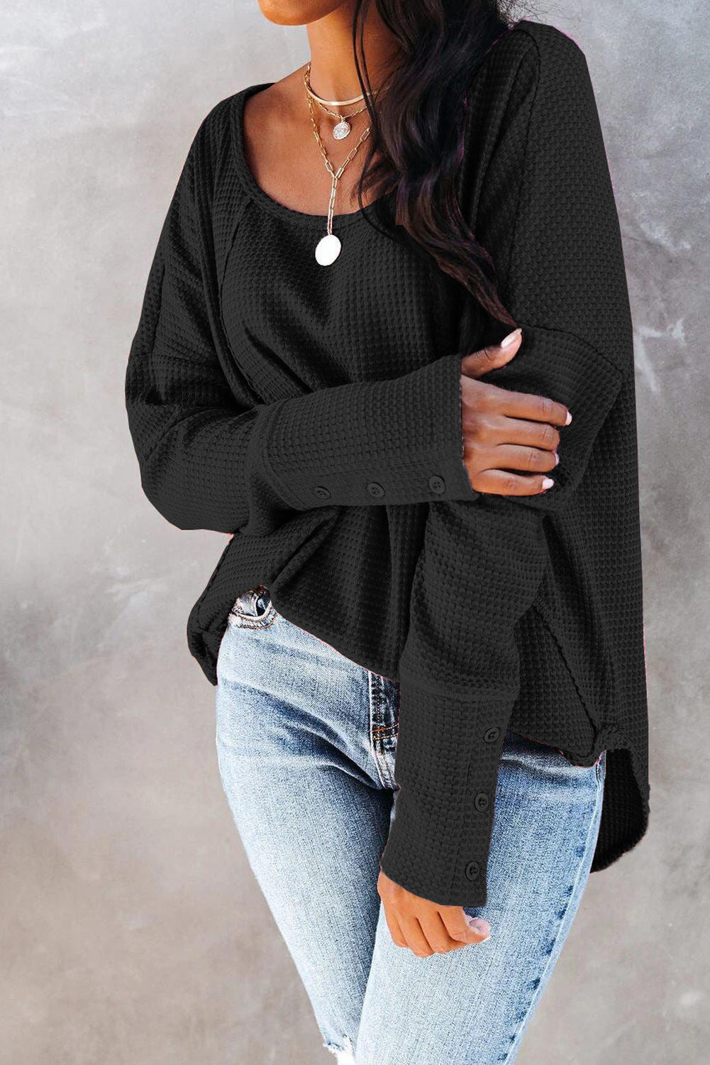 Black Waffle Knit Sweater with Button Sleeves