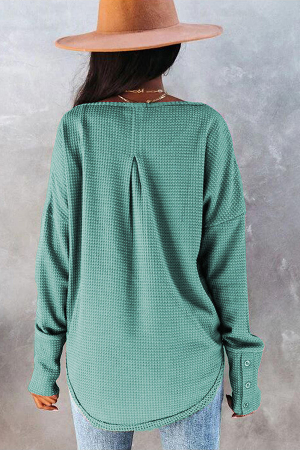 Teal Waffle Knit Sweater with Button Sleeves