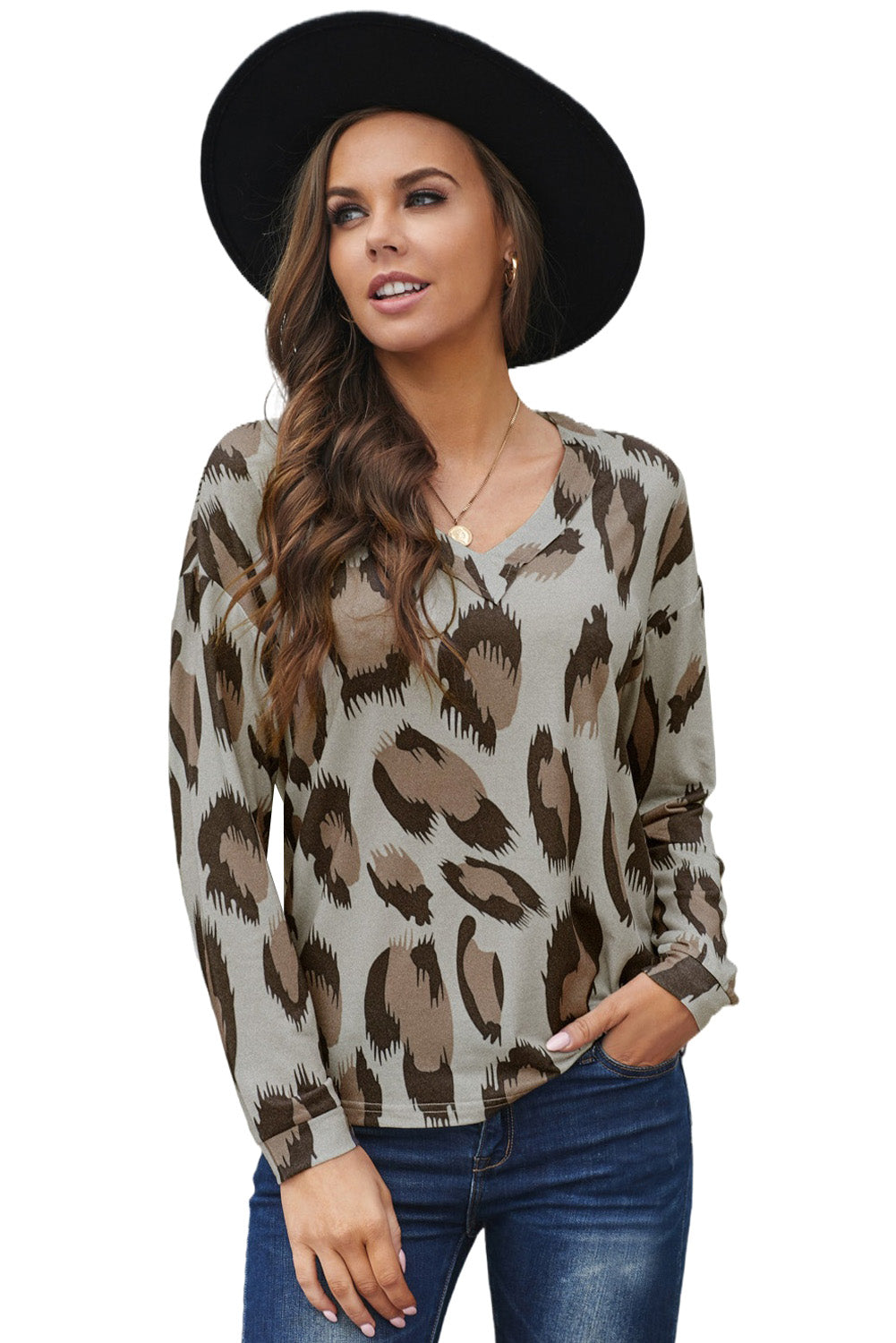 Leopard V Neck Long Sleeve Top