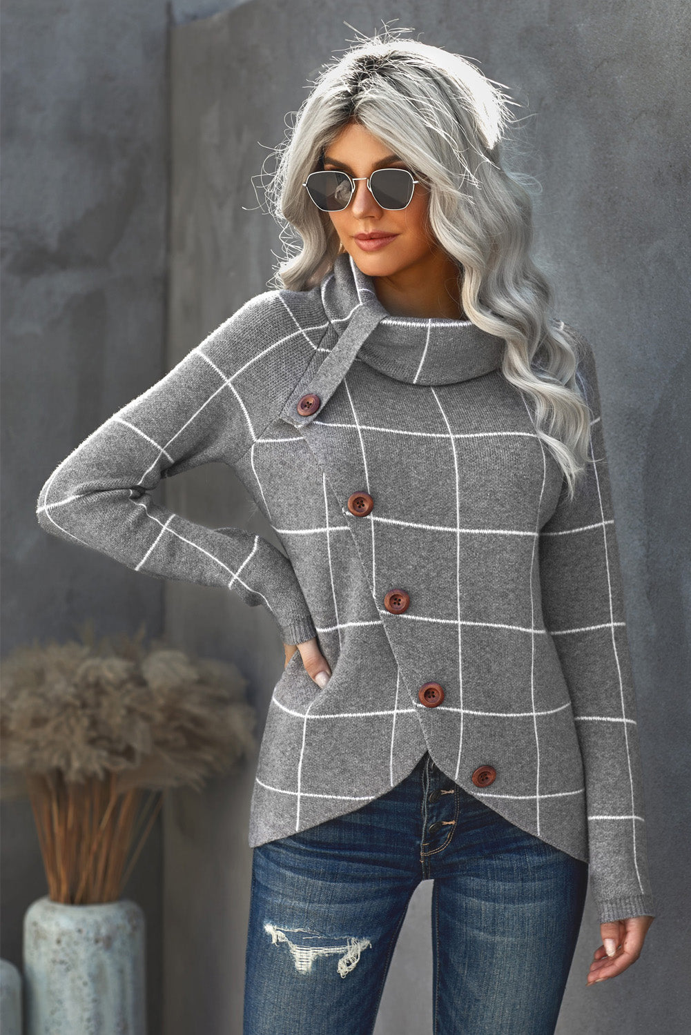 Gray Button Wrap Turtleneck Pullover Plaid Print Knit Sweater