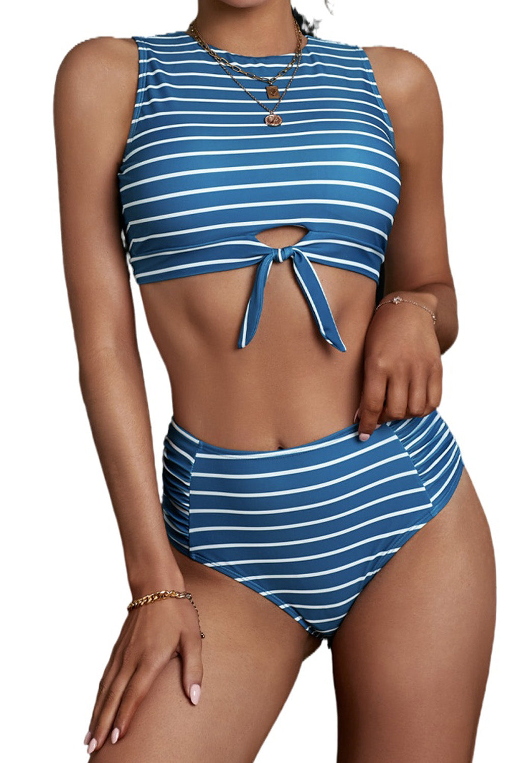 Striped Tie Knot High Waist Bikini (Blue Striped)