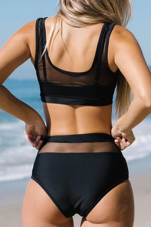 Black Mesh Splicing High Waist Bikini Set
