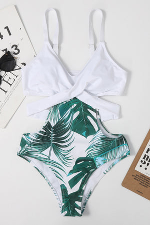 White Leaves Print Cut-out OnePiece Swimsuit
