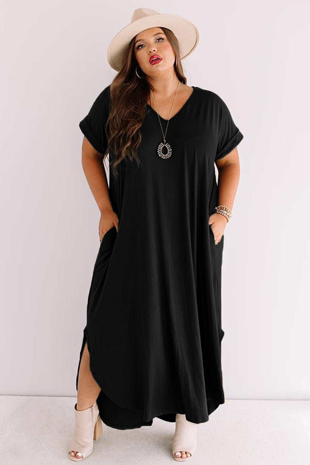 Short Sleeve Maxi Dress with Slits - Plus Size