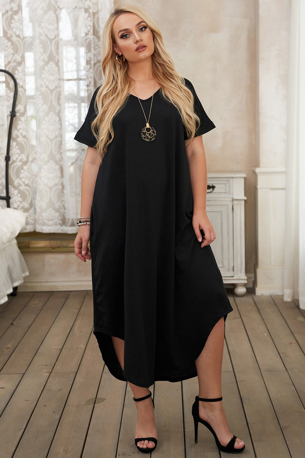 Short Sleeve Maxi Dress with Slits - Plus Size