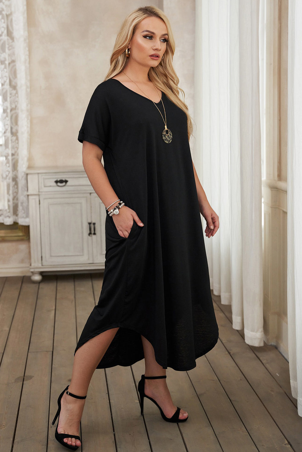 Short Sleeve Maxi Dress with Slits - Plus Size