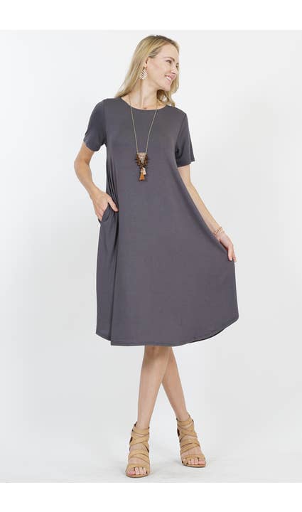 Short Sleeve Pocket Midi Swing Dress